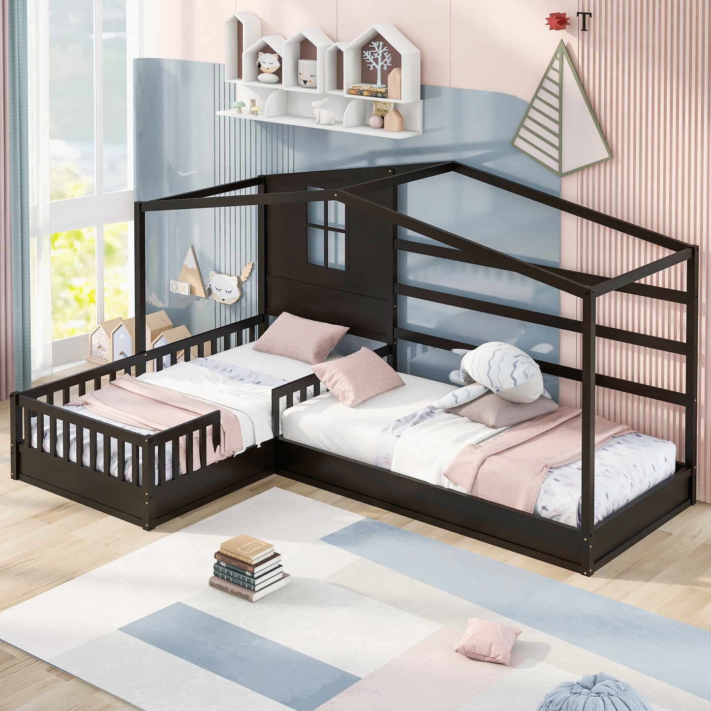 1 Wood House Bed Twin Size;  2 Twin Solid Bed L structure with fence and slatted frame