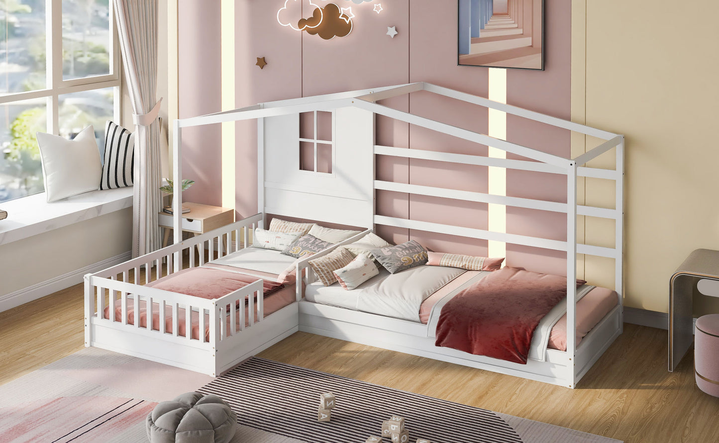 1 Wood House Bed Twin Size;  2 Twin Solid Bed L structure with fence and slatted frame