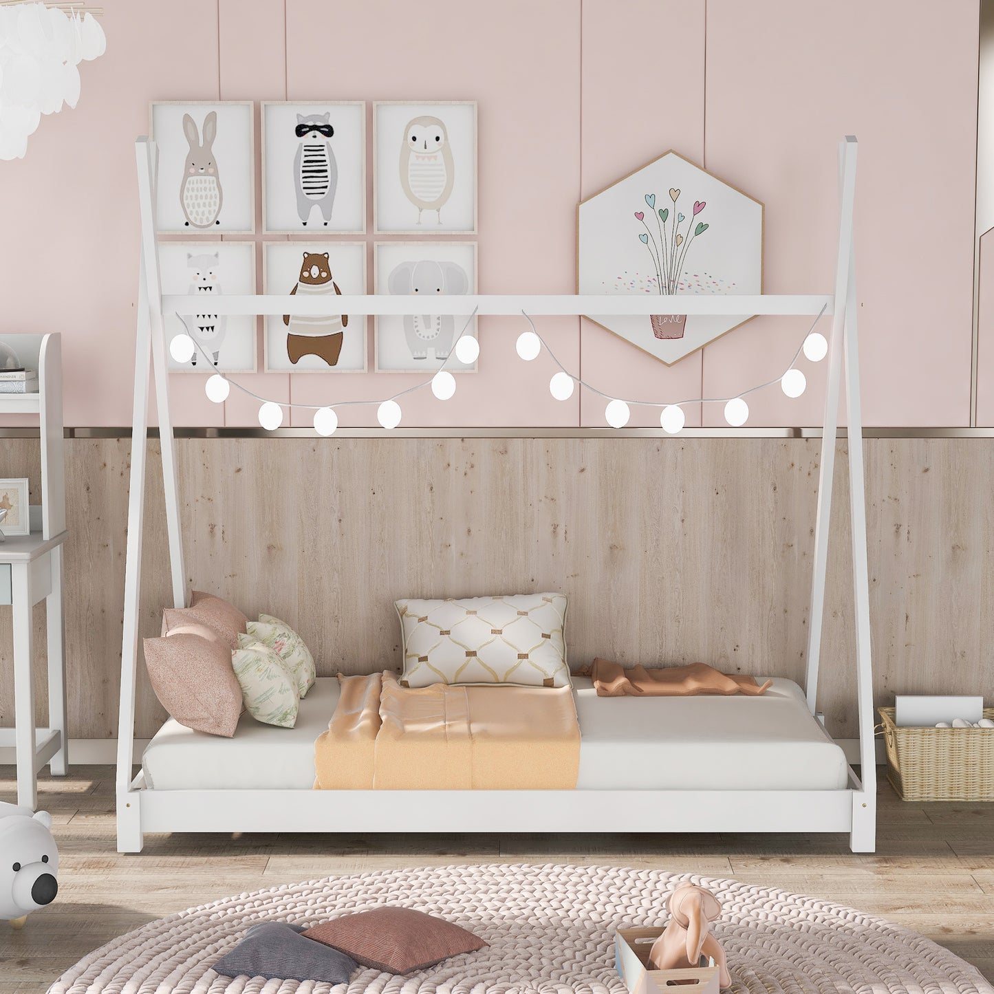 1 Twin Size House Platform Bed with Triangle tructure