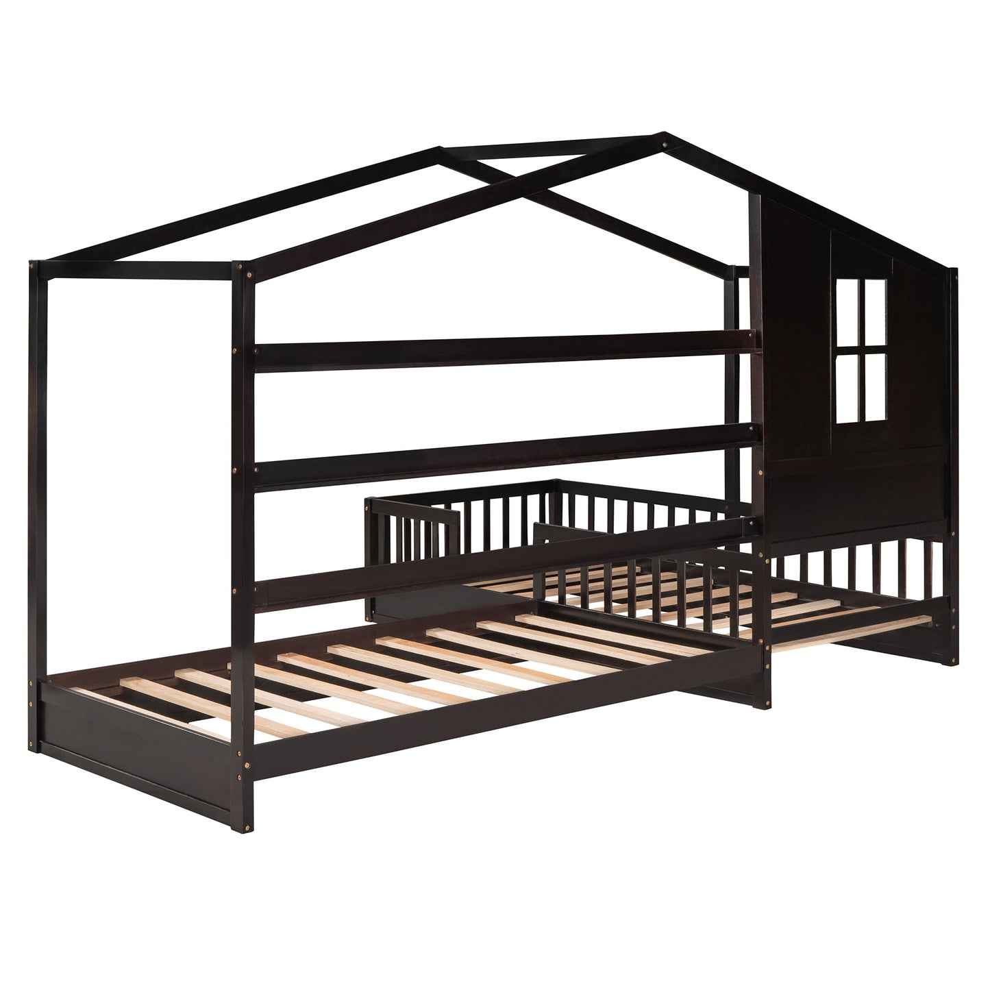 1 Wood House Bed Twin Size;  2 Twin Solid Bed L structure with fence and slatted frame