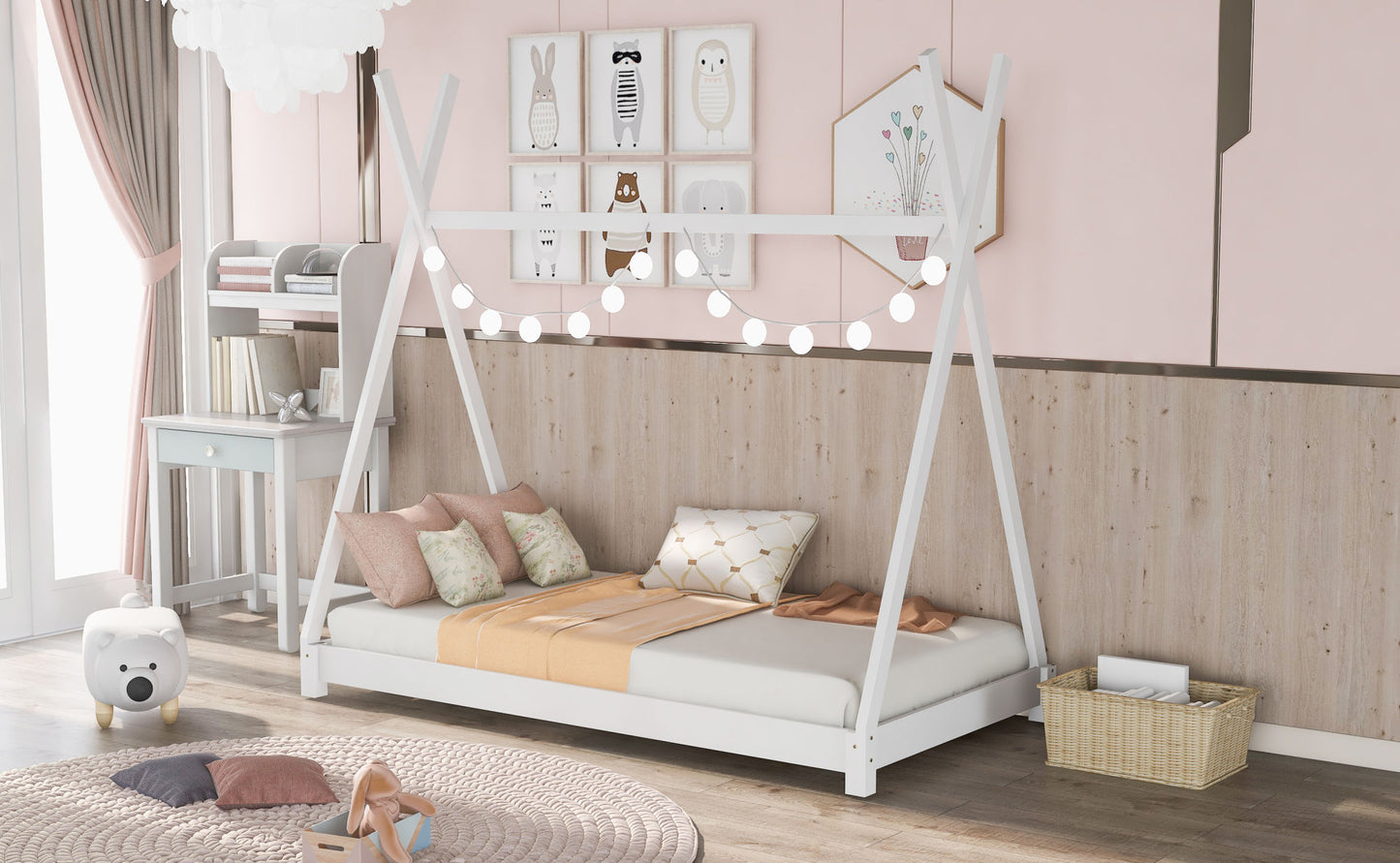1 Twin Size House Platform Bed with Triangle tructure