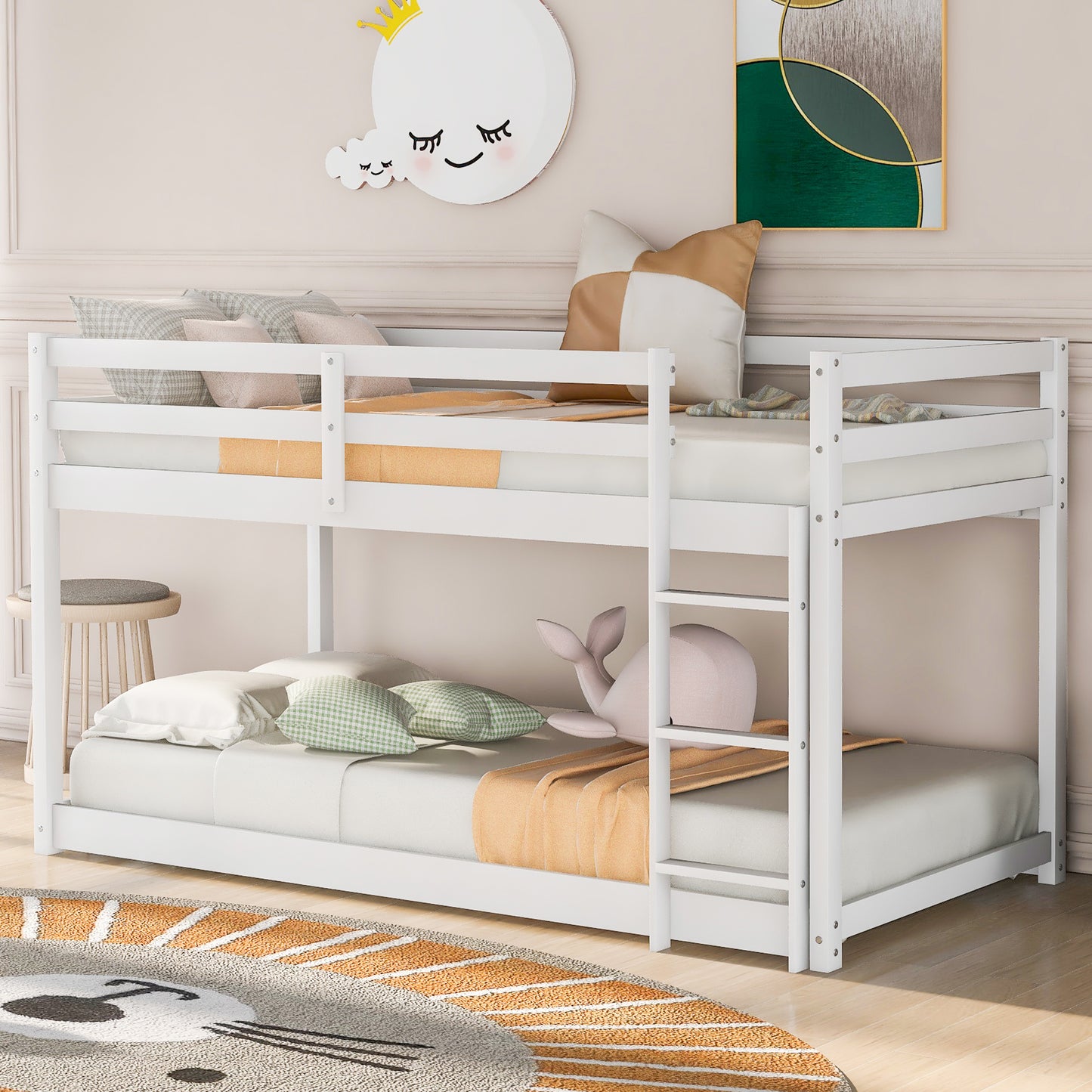 1 Twin over Twin Floor Bunk Bed with Ladder