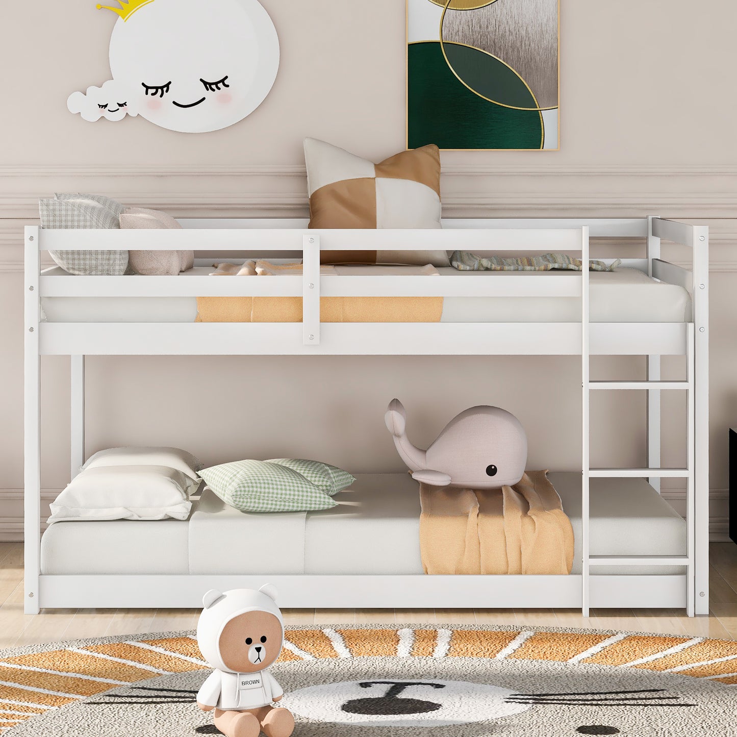 1 Twin over Twin Floor Bunk Bed with Ladder