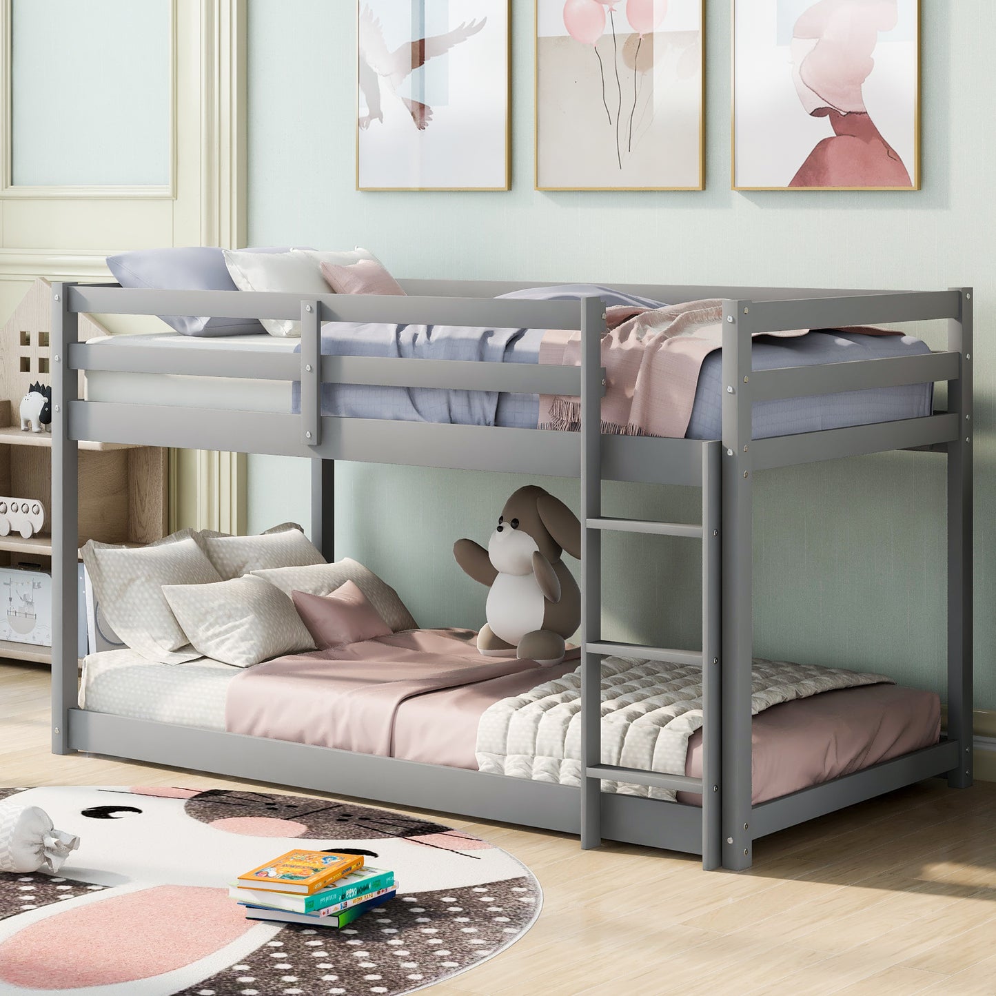 1 Twin over Twin Floor Bunk Bed with Ladder