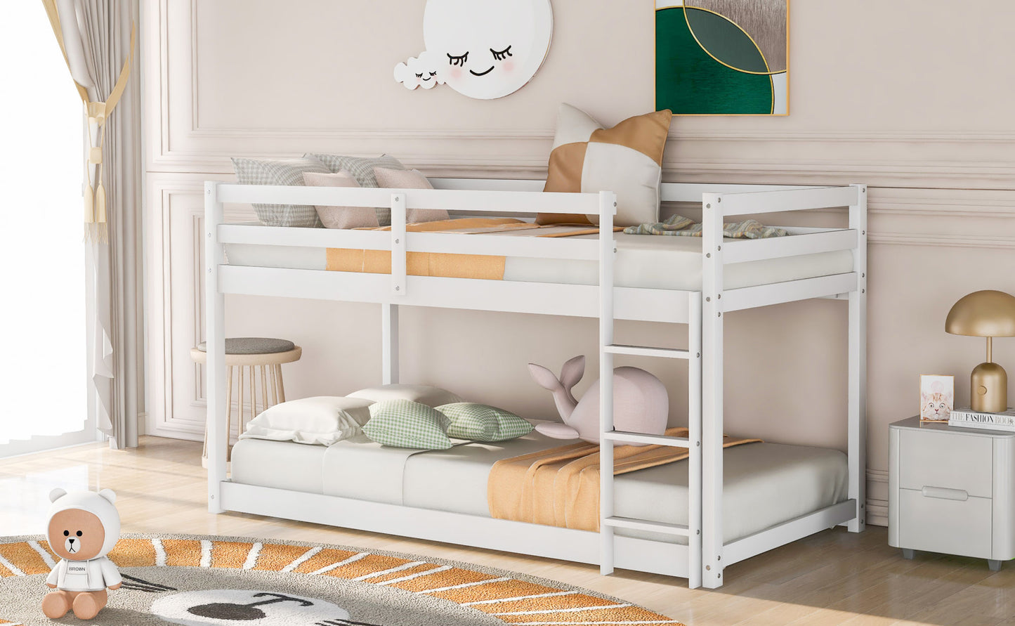 1 Twin over Twin Floor Bunk Bed with Ladder