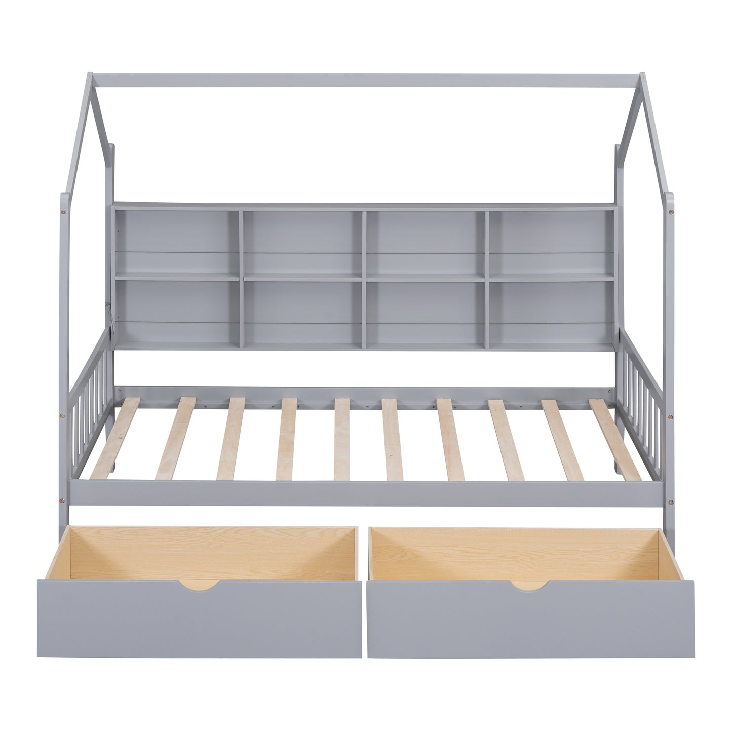 Wooden Twin Size House Bed with 2 Drawers,Kids Bed with Storage Shelf, Gray