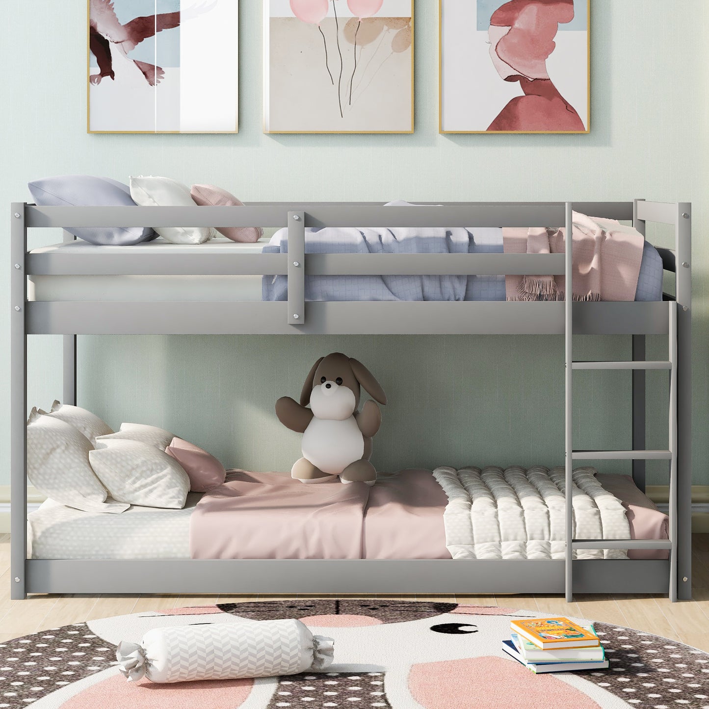 1 Twin over Twin Floor Bunk Bed with Ladder