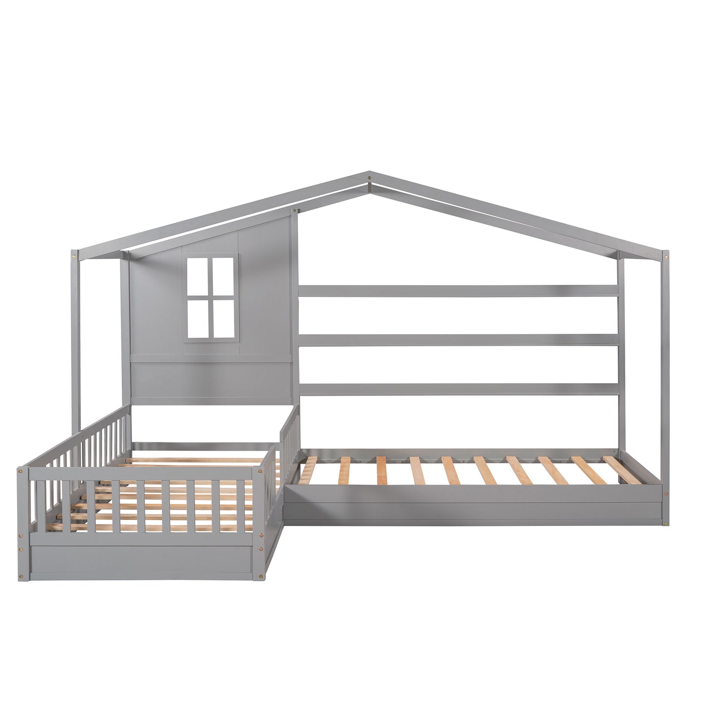 1 Wood House Bed Twin Size;  2 Twin Solid Bed L structure with fence and slatted frame